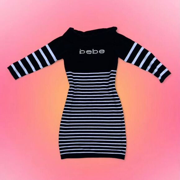 BEBE BLACK & WHITE STRIPED SWEATER DRESS - Picture 1 of 5
